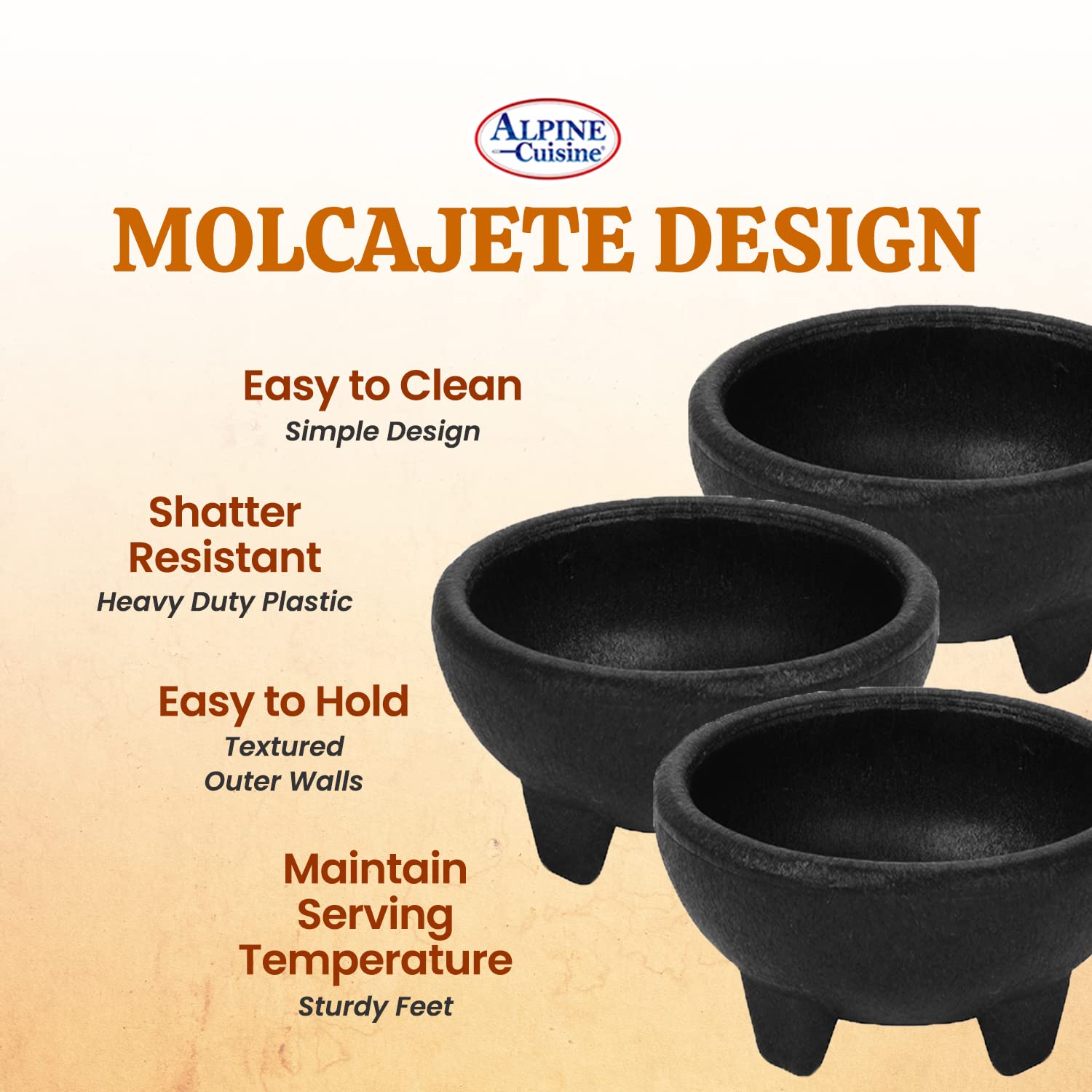 Alpine Cuisine Small Salsa Bowls (Molcajete) 3pc Set, Food Grade Plastic Material, Heavy Duty & Easy to Clean, Multi-Purpose Salsa Bowl for Serving, Durable & Dishwasher Safe