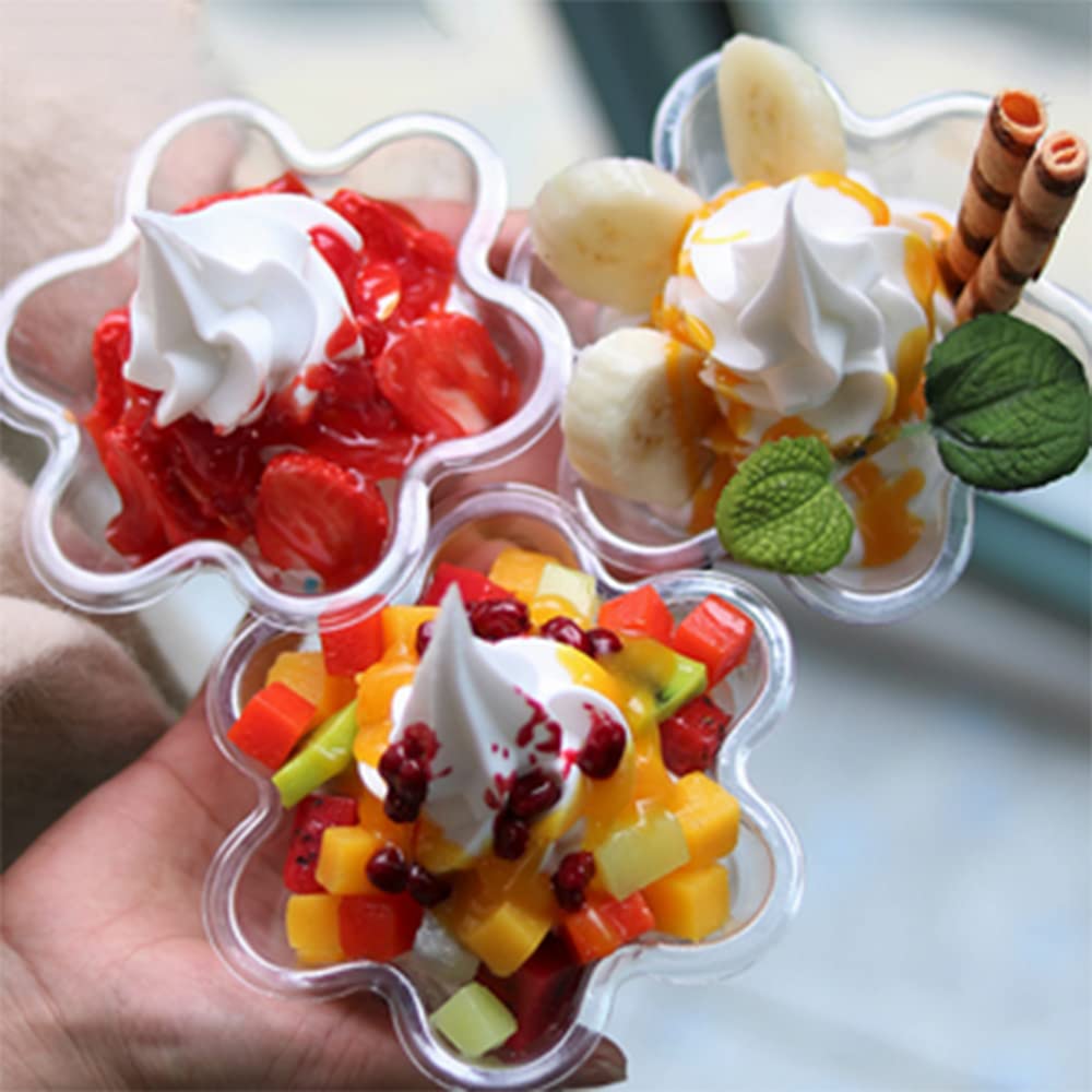 Qixivcom 30 Pcs Clear Plastic Ice Cream Dessert Bowls Dessert Cups Snack Bowl Flower shaped Ice Cream Cup Sundae Bowl Disposable Plastic Dessert Bowl Salad Party Favor Cake Holder Bowl,Pack of 30