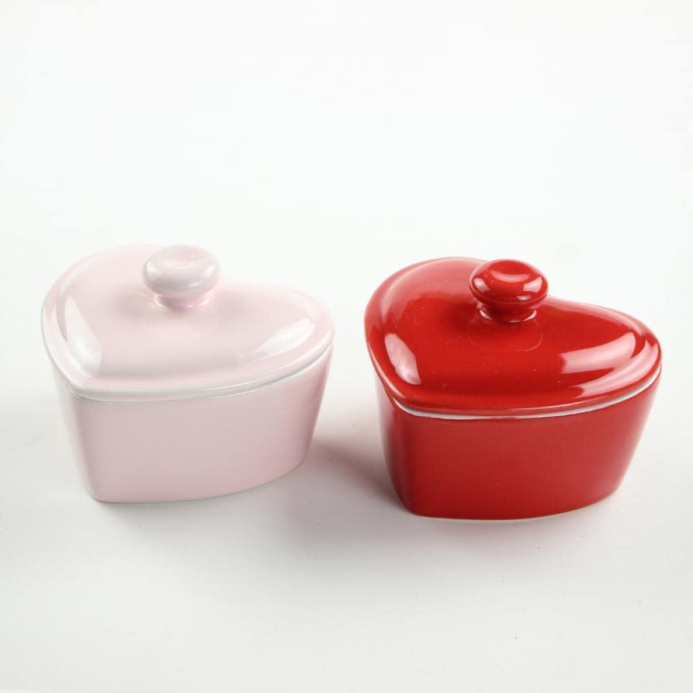 Bicuzat Heart-Shaped Dessert Bowl with Lid Ceramic Baking Bowl Rice Bowl-5 OZ-Red