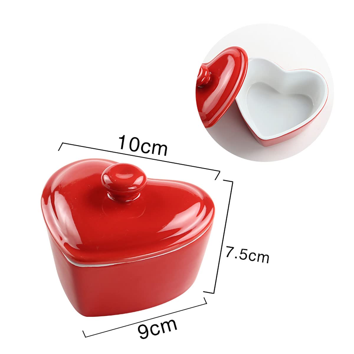 Bicuzat Heart-Shaped Dessert Bowl with Lid Ceramic Baking Bowl Rice Bowl-5 OZ-Red