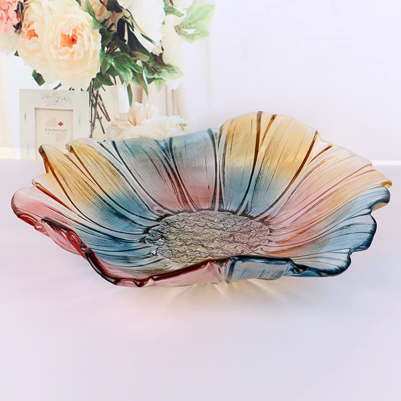 EWEIGEER 11.5-inch Crystal Glass Colorful Fruit Bowl Dessert Cake Candy Snack Plate,Art Sunflower-shaped,Large Size,Cool Design