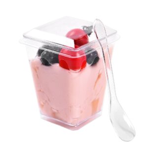 jutoarts 50 pack 5 oz small reusable serving dessert cups with lid and spoon, square fruit cups, clear plastic parfait appetizer cup, for all kinds of parties.