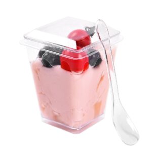 Jutoarts 50 Pack 5 oz Small Reusable Serving Dessert Cups with Lid and Spoon, Square Fruit Cups, Clear Plastic Parfait Appetizer Cup, For All Kinds of Parties.