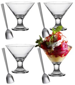 glasia set of 4 glass ice cream bowls and 4 stainless steel spoons | small dessert cups for parfait sundae snacks fruit | mini sorbet glasses | footed trifle tasters with spoon for parties
