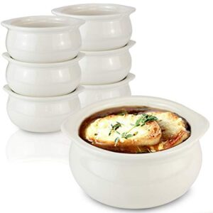 fit meal prep [6 pack] 12 oz french onion soup crock - ivory premium ceramic porcelain bowls, microwave oven safe, for soup, stews, chilis, baked beans, mac and cheese