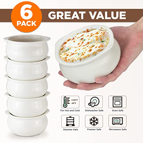 Fit Meal Prep [6 Pack] 12 Oz French Onion Soup Crock - Ivory Premium Ceramic Porcelain Bowls, Microwave Oven Safe, For Soup, Stews, Chilis, Baked Beans, Mac and Cheese