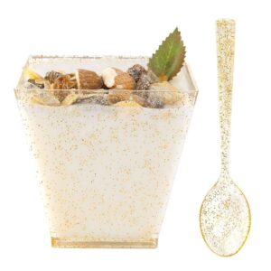 wdf 8oz gold glitter medium large plastic dessert cups with spoons-51 disposable square plastic cups & 51 gold glitter tasting spoons