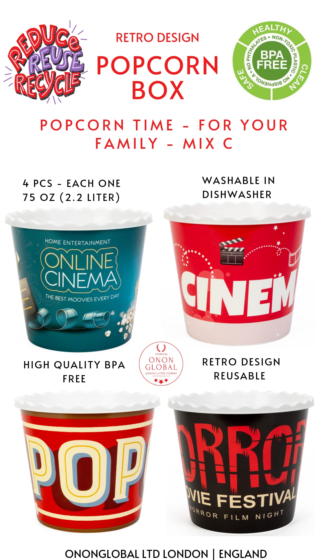 Grehge le Plastic Popcorn Containers/Popcorn Bowls Set for Movie Theater Night - Washable in The Dishwasher - (BPA Free-4 Pack) (Mix C)