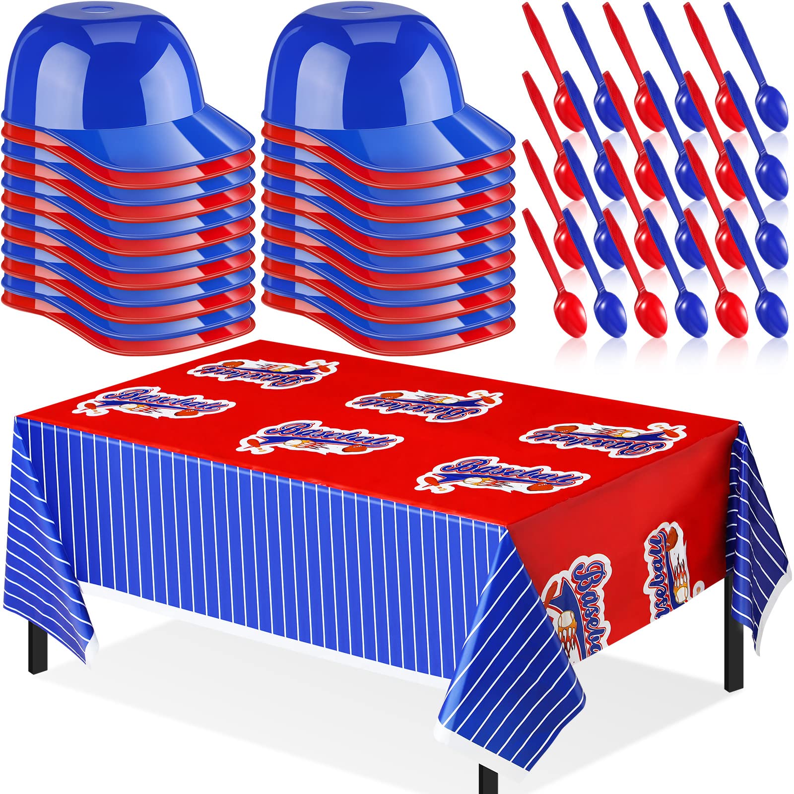 49 Pcs Baseball Party Decorations 24 Count Baseball Helmet Ice Cream Bowl, 1 Plastic Baseball Tablecloth 51 x 87 Inch with 24 Spoons Red Blue 8 oz Mini Dessert Sundae Bowls Baseball Party Supplies