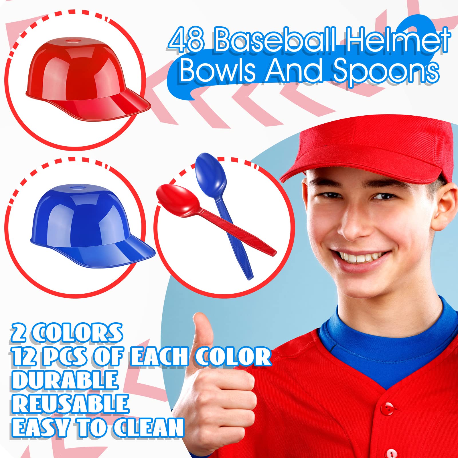 49 Pcs Baseball Party Decorations 24 Count Baseball Helmet Ice Cream Bowl, 1 Plastic Baseball Tablecloth 51 x 87 Inch with 24 Spoons Red Blue 8 oz Mini Dessert Sundae Bowls Baseball Party Supplies