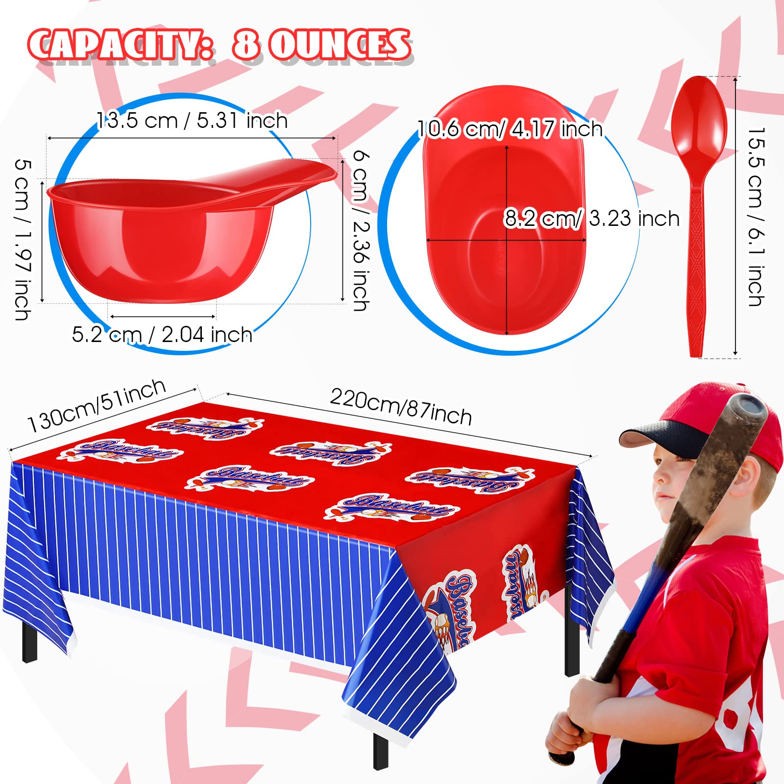 49 Pcs Baseball Party Decorations 24 Count Baseball Helmet Ice Cream Bowl, 1 Plastic Baseball Tablecloth 51 x 87 Inch with 24 Spoons Red Blue 8 oz Mini Dessert Sundae Bowls Baseball Party Supplies