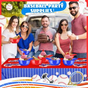 49 Pcs Baseball Party Decorations 24 Count Baseball Helmet Ice Cream Bowl, 1 Plastic Baseball Tablecloth 51 x 87 Inch with 24 Spoons Red Blue 8 oz Mini Dessert Sundae Bowls Baseball Party Supplies