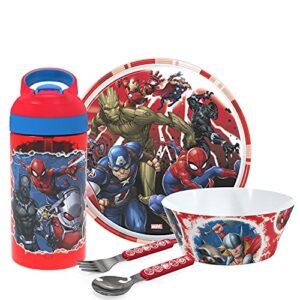 zak! marvel universe - 5-piece dinnerware set - durable plastic & stainless steel - includes water bottle, 8-inch plate, 6-inch bowl, fork & spoon - suitable for kids ages 3+