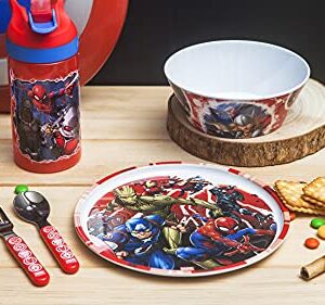 zak! Marvel Universe - 5-Piece Dinnerware Set - Durable Plastic & Stainless Steel - Includes Water Bottle, 8-Inch Plate, 6-Inch Bowl, Fork & Spoon - Suitable for Kids Ages 3+