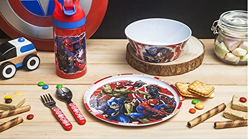 zak! Marvel Universe - 5-Piece Dinnerware Set - Durable Plastic & Stainless Steel - Includes Water Bottle, 8-Inch Plate, 6-Inch Bowl, Fork & Spoon - Suitable for Kids Ages 3+