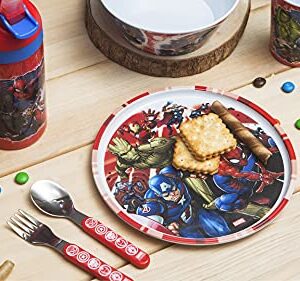 zak! Marvel Universe - 5-Piece Dinnerware Set - Durable Plastic & Stainless Steel - Includes Water Bottle, 8-Inch Plate, 6-Inch Bowl, Fork & Spoon - Suitable for Kids Ages 3+