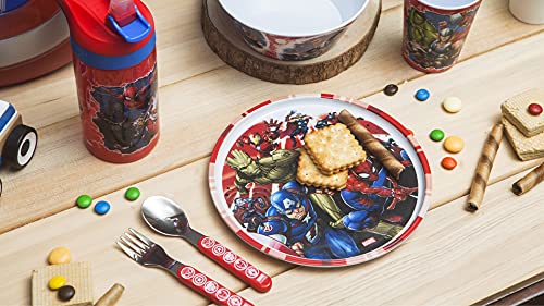 zak! Marvel Universe - 5-Piece Dinnerware Set - Durable Plastic & Stainless Steel - Includes Water Bottle, 8-Inch Plate, 6-Inch Bowl, Fork & Spoon - Suitable for Kids Ages 3+