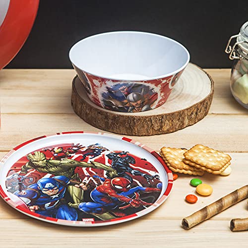 zak! Marvel Universe - 5-Piece Dinnerware Set - Durable Plastic & Stainless Steel - Includes Water Bottle, 8-Inch Plate, 6-Inch Bowl, Fork & Spoon - Suitable for Kids Ages 3+