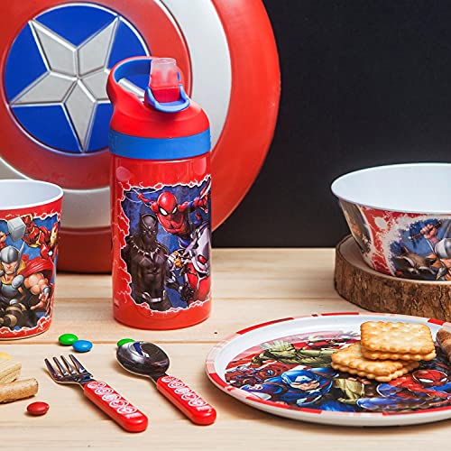 zak! Marvel Universe - 5-Piece Dinnerware Set - Durable Plastic & Stainless Steel - Includes Water Bottle, 8-Inch Plate, 6-Inch Bowl, Fork & Spoon - Suitable for Kids Ages 3+