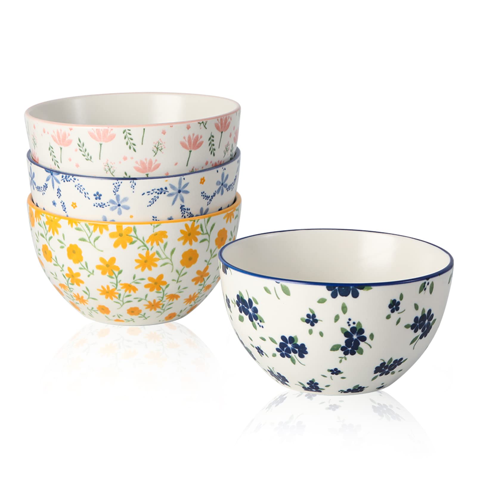 Small Bowls Ceramic Bowl Set - 12 oz Porcelain Rice Bowls Set - 4.5 inch Floral Patterned Dessert Bowls - 4 Colorful Cute Bowls for Ice Cream | Soup | Snack | Side Dishes - Microwave Dishwasher Safe