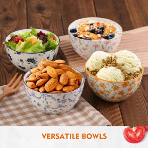 Small Bowls Ceramic Bowl Set - 12 oz Porcelain Rice Bowls Set - 4.5 inch Floral Patterned Dessert Bowls - 4 Colorful Cute Bowls for Ice Cream | Soup | Snack | Side Dishes - Microwave Dishwasher Safe