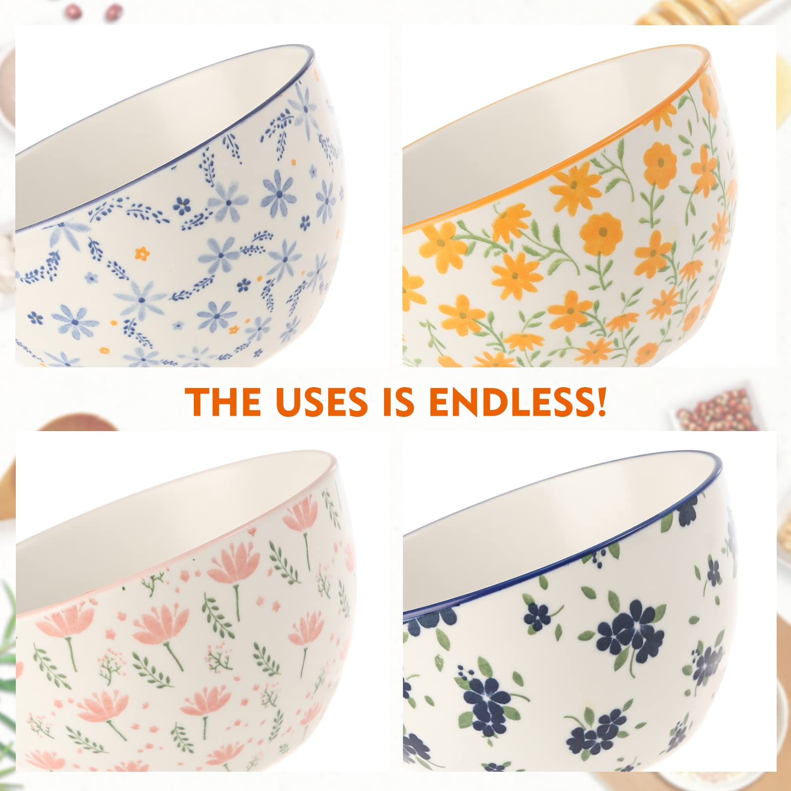 Small Bowls Ceramic Bowl Set - 12 oz Porcelain Rice Bowls Set - 4.5 inch Floral Patterned Dessert Bowls - 4 Colorful Cute Bowls for Ice Cream | Soup | Snack | Side Dishes - Microwave Dishwasher Safe