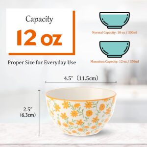 Small Bowls Ceramic Bowl Set - 12 oz Porcelain Rice Bowls Set - 4.5 inch Floral Patterned Dessert Bowls - 4 Colorful Cute Bowls for Ice Cream | Soup | Snack | Side Dishes - Microwave Dishwasher Safe