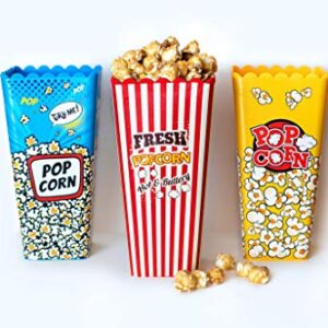 Deco Designs, Assorted Movie Theater Style Reusable Nesting Plastic Popcorn Box/Popcorn Container- BPA Free - (Size 8 Inches x4 Inches ) Set of 3, Yellow, Red, Blue