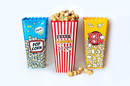 Deco Designs, Assorted Movie Theater Style Reusable Nesting Plastic Popcorn Box/Popcorn Container- BPA Free - (Size 8 Inches x4 Inches ) Set of 3, Yellow, Red, Blue