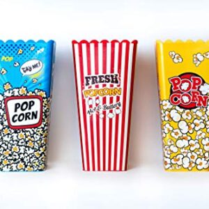 Deco Designs, Assorted Movie Theater Style Reusable Nesting Plastic Popcorn Box/Popcorn Container- BPA Free - (Size 8 Inches x4 Inches ) Set of 3, Yellow, Red, Blue