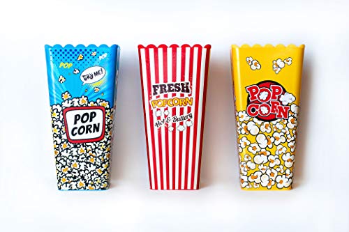 Deco Designs, Assorted Movie Theater Style Reusable Nesting Plastic Popcorn Box/Popcorn Container- BPA Free - (Size 8 Inches x4 Inches ) Set of 3, Yellow, Red, Blue