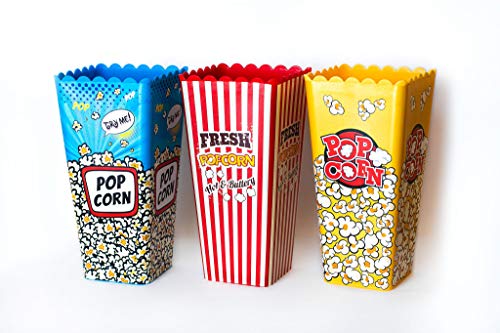 Deco Designs, Assorted Movie Theater Style Reusable Nesting Plastic Popcorn Box/Popcorn Container- BPA Free - (Size 8 Inches x4 Inches ) Set of 3, Yellow, Red, Blue