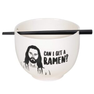 enesco our name is mud jesus can i get a ramen bowl and chopsticks set, 5.25 inch, black and white