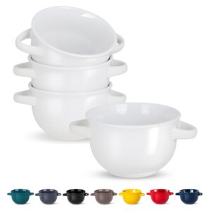 KooK Soup Bowls, French Onion Soup Bowls, Soup Crocks, Oven Safe Bowls, Soup Mugs, Ceramic Bowls with Handles, for Rice, Dessert, Pasta, Dishwasher, Microwave, Set of 4, 18 Oz (White)