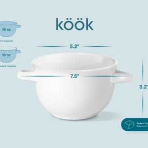 KooK Soup Bowls, French Onion Soup Bowls, Soup Crocks, Oven Safe Bowls, Soup Mugs, Ceramic Bowls with Handles, for Rice, Dessert, Pasta, Dishwasher, Microwave, Set of 4, 18 Oz (White)