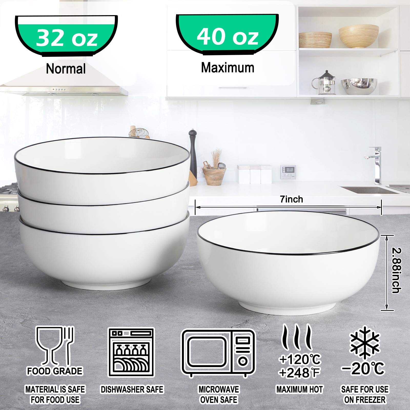 AnBnCn 40 OZ Large Soup Bowls Set of 4, Fine Porcelain, White Ceramic Bowls for Ramen, Cereal, Pasta, Salad, and Fruit-Dishwasher & Microwave Safe