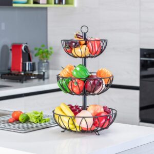 Rice rat 3-Tier Fruit Bowl Metal Wire Fruit Basket Bread Vegetable Organizer Storage Organizer Black Cast Iron