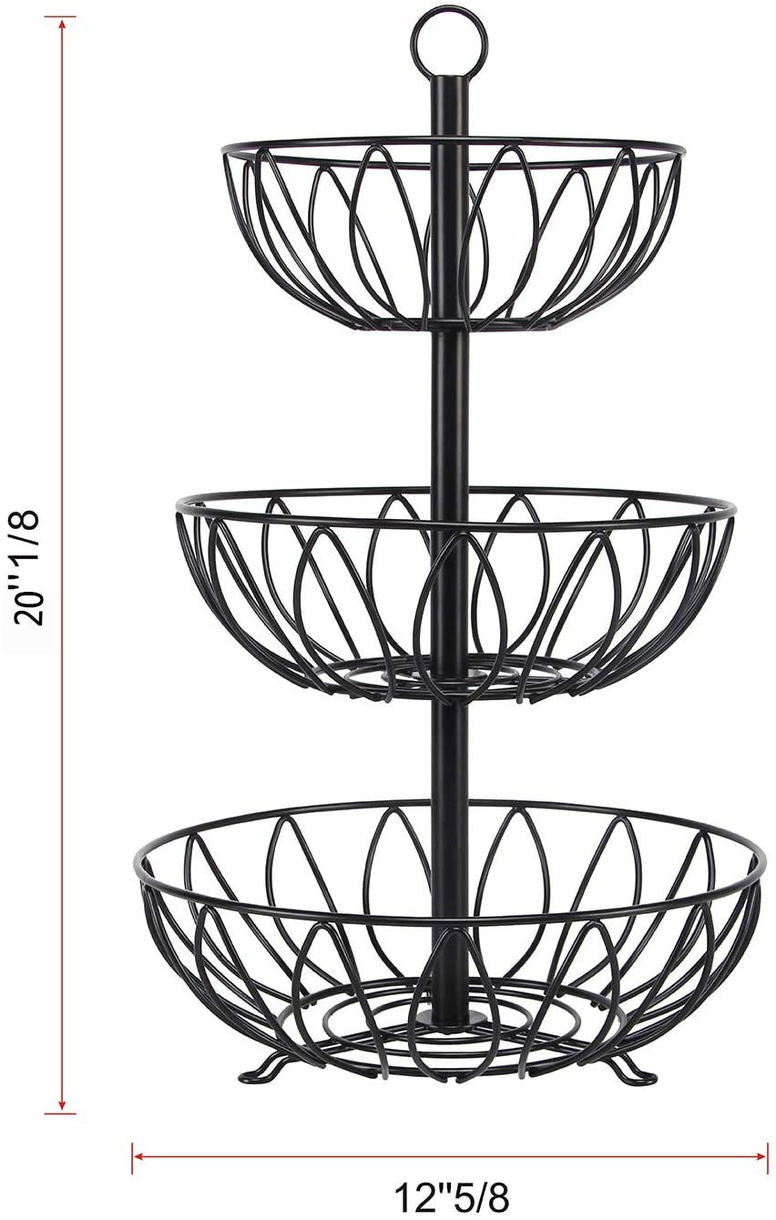 Rice rat 3-Tier Fruit Bowl Metal Wire Fruit Basket Bread Vegetable Organizer Storage Organizer Black Cast Iron