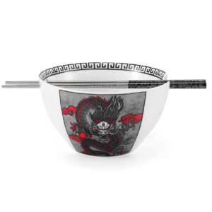 Hagary Dragon Ramen Bowl with Chopsticks Ceramic Bowl Stainless Steel Chopsticks Japanese Style Udon Miso Noodle Soup Bowls Housewarming Wedding Gifts Designed in Korea (Black, 20oz)