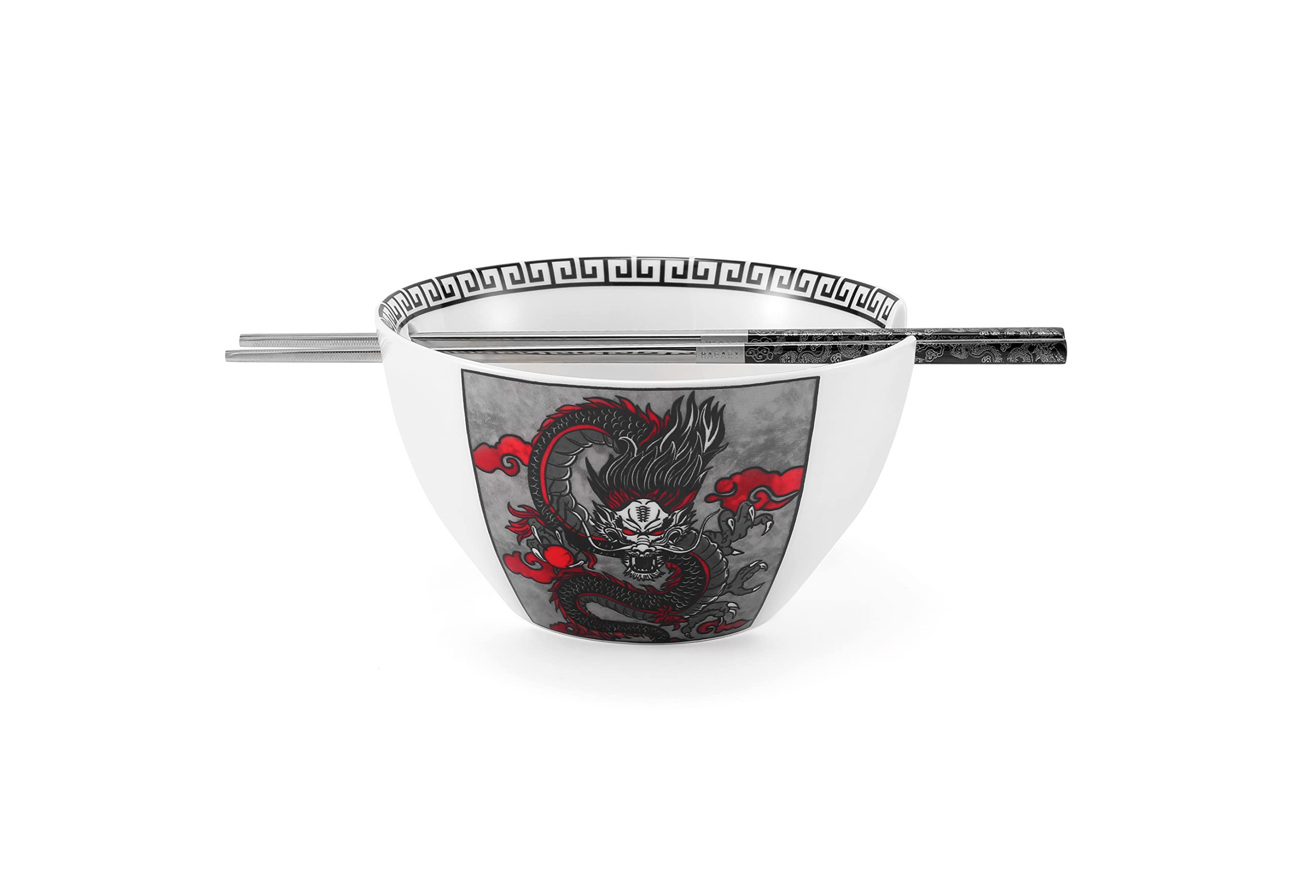 Hagary Dragon Ramen Bowl with Chopsticks Ceramic Bowl Stainless Steel Chopsticks Japanese Style Udon Miso Noodle Soup Bowls Housewarming Wedding Gifts Designed in Korea (Black, 20oz)