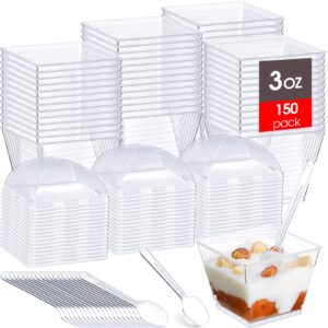 mimorou 150 pack 3 oz plastic dessert cups with lids and spoons square parfait cups clear appetizer cups disposable ice cream containers for cupcake, pudding, snacks, yogurt