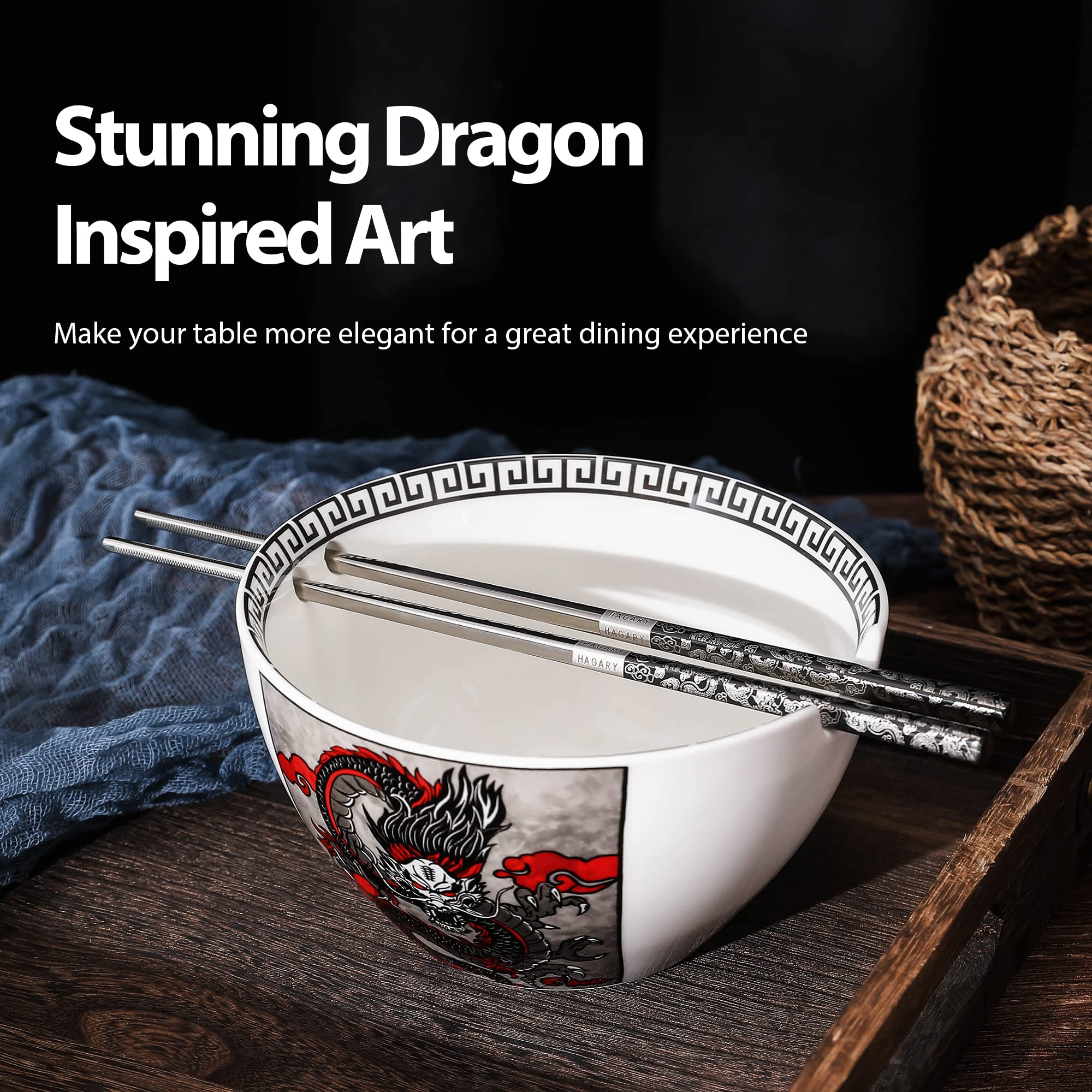 Hagary Dragon Ramen Bowl with Chopsticks Ceramic Bowl Stainless Steel Chopsticks Japanese Style Udon Miso Noodle Soup Bowls Housewarming Wedding Gifts Designed in Korea (Black, 20oz)