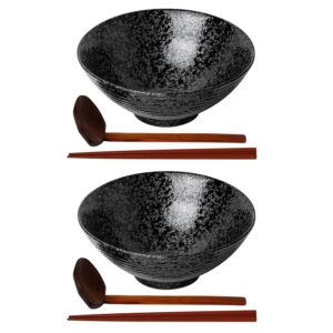 kanwone ceramic japanese ramen bowl set, noodle soup bowls - 60 ounce, with matching spoons and chopsticks for udon soba pho asian noodles, set of 2, black