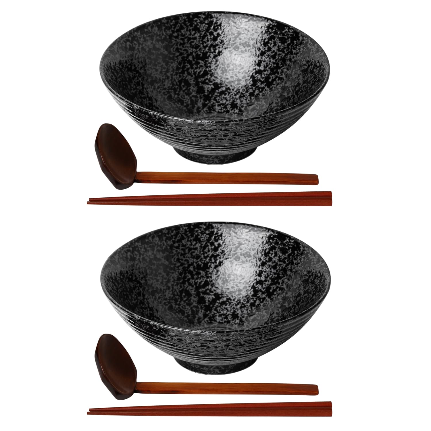 Kanwone Ceramic Japanese Ramen Bowl Set, Noodle Soup Bowls - 60 Ounce, with Matching Spoons and Chopsticks for Udon Soba Pho Asian Noodles, Set of 2, Black