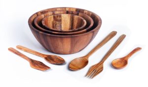 large acacia wood nesting round set 3 serving bowls 9½” 8½” 7” with utensils wooden forks and spoons mix size stackable dish for fruit salad vegetables pasta soup cereals decorative wooden nest bowl