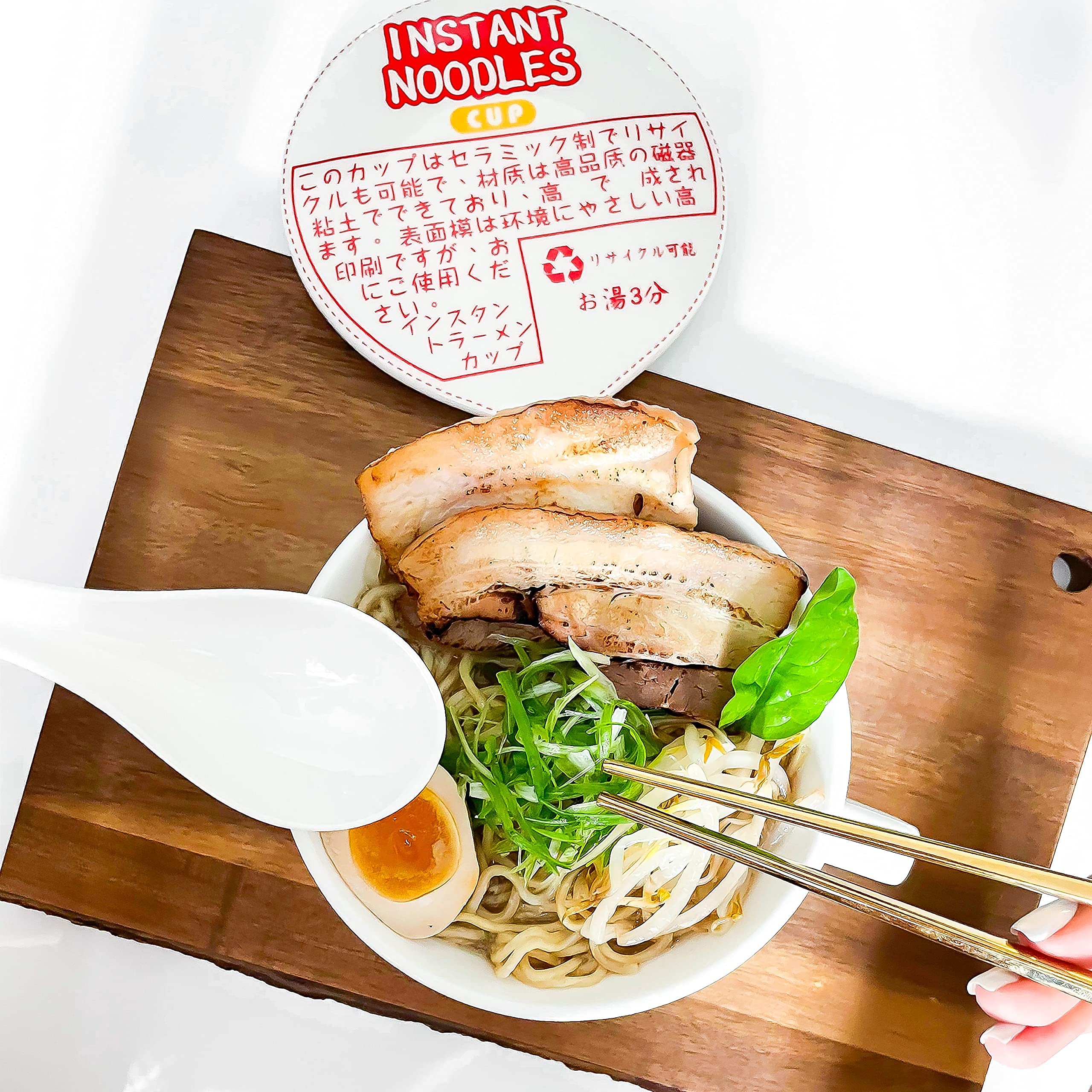 The Cozy Maison Japanese Instant Noodles Cup Ramen Ceramic Bowl Set with Ceramic Spoon and Stainless Steel Chopsticks