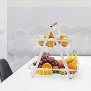 2-Tier Fruit Basket, Metal Fruit Bowl Bread Baskets Countertop Vegatable Storage Stand for Kitchen, White