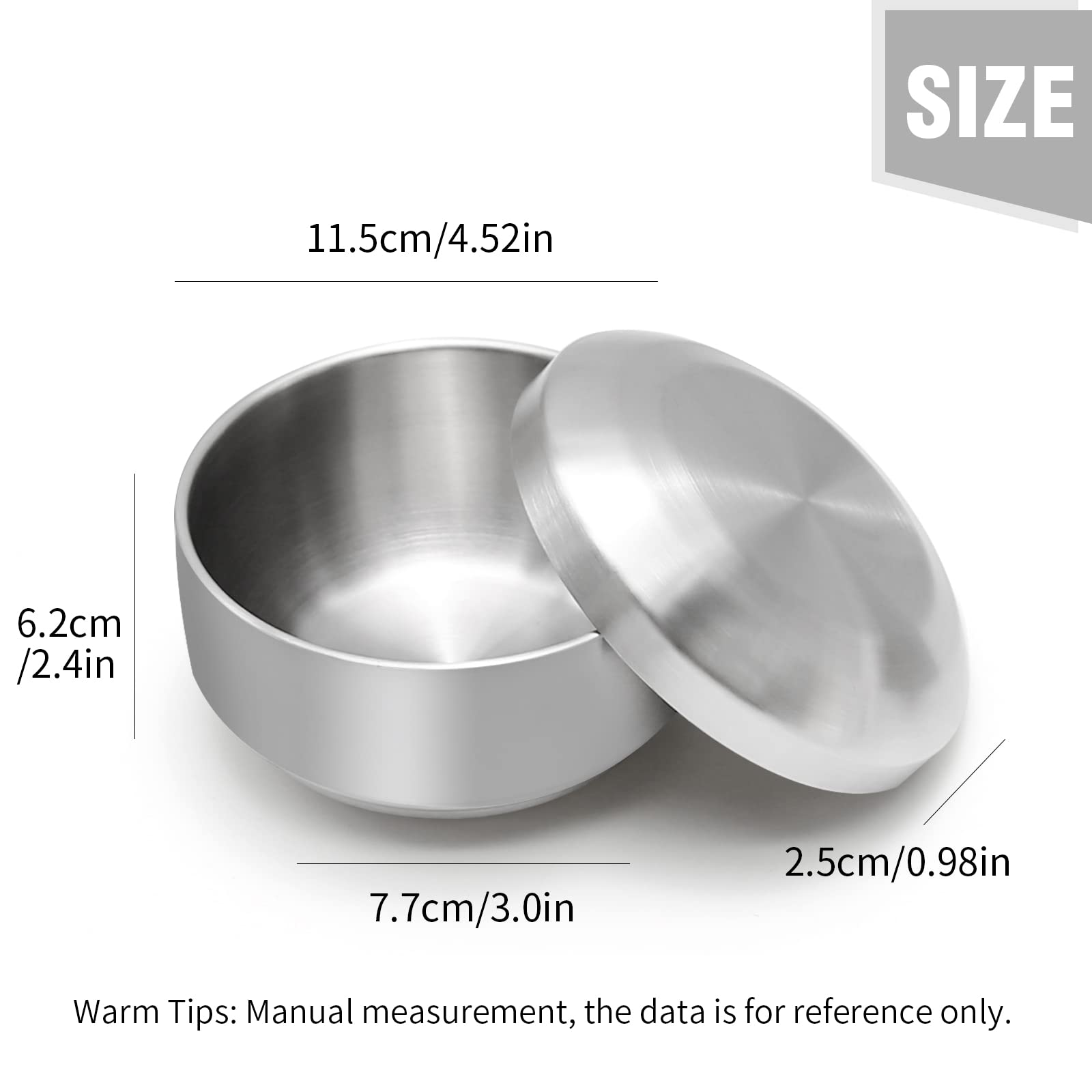 Aynaxcol Stainless Steel Rice Bowl with Lid, Set of 2, for Korean Kitchen Restaurant, Double-walled Metal Bowls, Multi-Purpose Insulated Soup Bowls Snacks Bowls (11.5cm Silver)