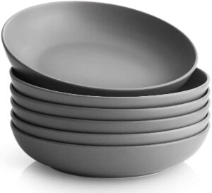 y yhy pasta bowls set of 6, large salad serving bowls, porcelain soup bowls 30 ounces, wide and flat, microwave dishwasher safe, matte grey