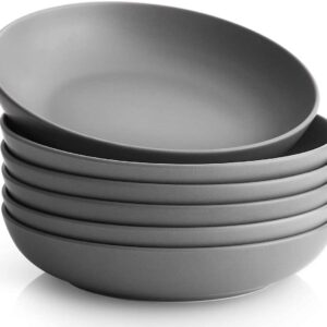 Y YHY Pasta Bowls Set of 6, Large Salad Serving Bowls, Porcelain Soup Bowls 30 Ounces, Wide and Flat, Microwave Dishwasher Safe, Matte Grey